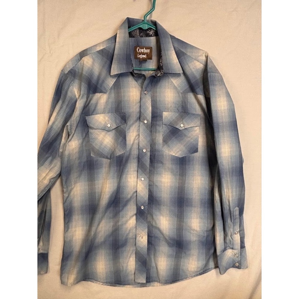 Cowboy Legend Mens XL Blue Plaid Ombre Western Pearl Snap Long Sleeve Shirt